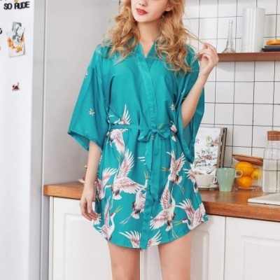 Robes Women's Satin Kimono Robe Silky Short Bathrobe Summer Carne Soft Dressing Gown Robes - Blue - CW18NMY6YMU