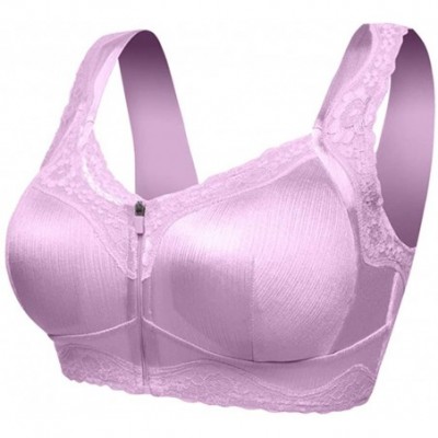 Bustiers & Corsets Women Wireless Anti-Sagging Front Zip Breathable Satin Lace Hem Plus Size Bra - Purple - C018YYU0WQX