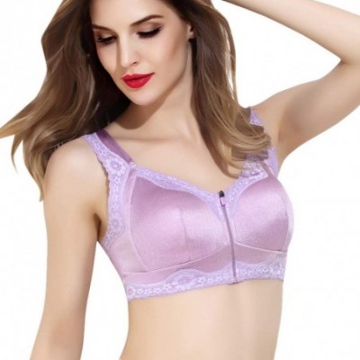 Bustiers & Corsets Women Wireless Anti-Sagging Front Zip Breathable Satin Lace Hem Plus Size Bra - Purple - C018YYU0WQX