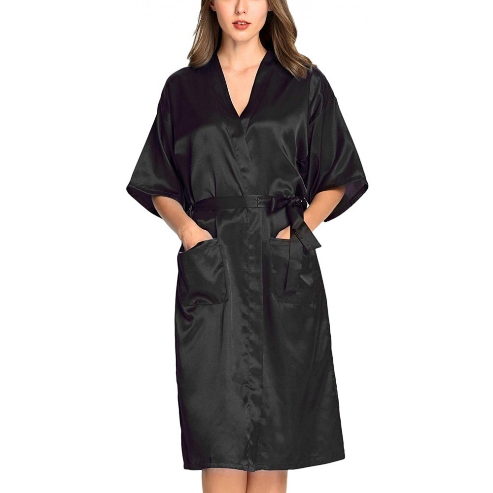 Robes Women's Extra Soft Satin Long Kimono Robes with Pockets - Black S - CR18DWKY07Q