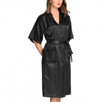 Robes Women's Extra Soft Satin Long Kimono Robes with Pockets - Black S - CR18DWKY07Q