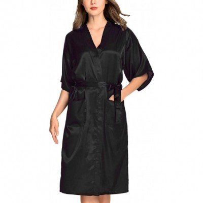 Robes Women's Extra Soft Satin Long Kimono Robes with Pockets - Black S - CR18DWKY07Q