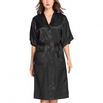 Robes Women's Extra Soft Satin Long Kimono Robes with Pockets - Black S - CR18DWKY07Q