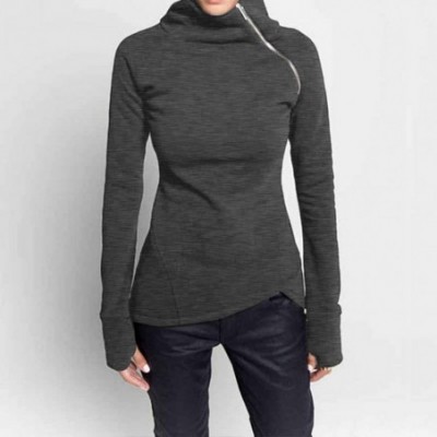 Tops Women Turtle Neck Oblique Zipper Sweatshirt Pullover Long Sleeve Sweater Outerwear - Dark Gray - C6193XHI2EM