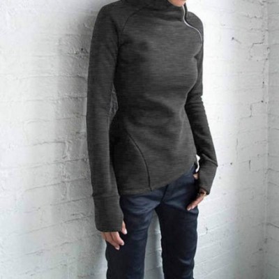 Tops Women Turtle Neck Oblique Zipper Sweatshirt Pullover Long Sleeve Sweater Outerwear - Dark Gray - C6193XHI2EM