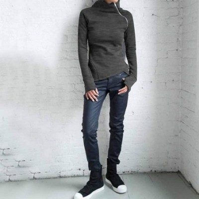 Tops Women Turtle Neck Oblique Zipper Sweatshirt Pullover Long Sleeve Sweater Outerwear - Dark Gray - C6193XHI2EM