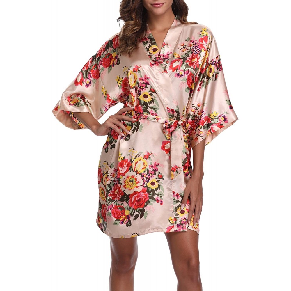 Robes Floral Satin Kimono Short Style Bridesmaids Robes for Women - Champagne - C31888OWAQU