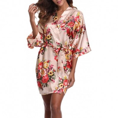 Robes Floral Satin Kimono Short Style Bridesmaids Robes for Women - Champagne - C31888OWAQU