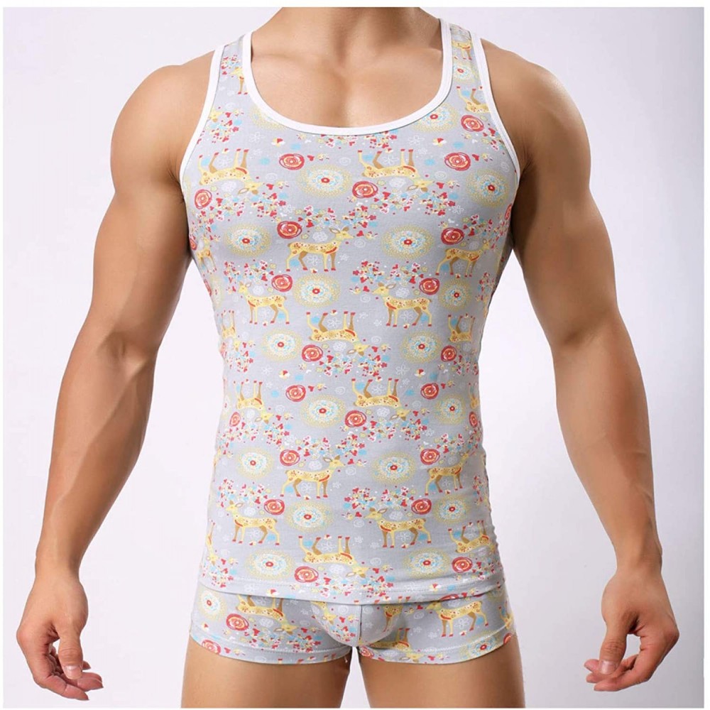 Undershirts Men Tank Top Deer Print Vest Sleeveless U Neck Elastic Comfortable Undershirt Home Wear - CJ19DO3O6QW