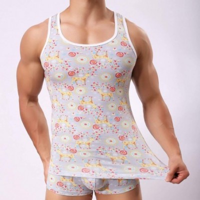 Undershirts Men Tank Top Deer Print Vest Sleeveless U Neck Elastic Comfortable Undershirt Home Wear - CJ19DO3O6QW