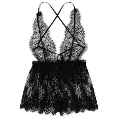 Baby Dolls & Chemises Women Lingerie Lace Babydoll V Neck Sleepwear-Tigiveme Babydoll Mesh Chemise Strap Halter Teddy Jumpsui...