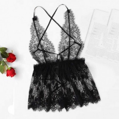 Baby Dolls & Chemises Women Lingerie Lace Babydoll V Neck Sleepwear-Tigiveme Babydoll Mesh Chemise Strap Halter Teddy Jumpsui...