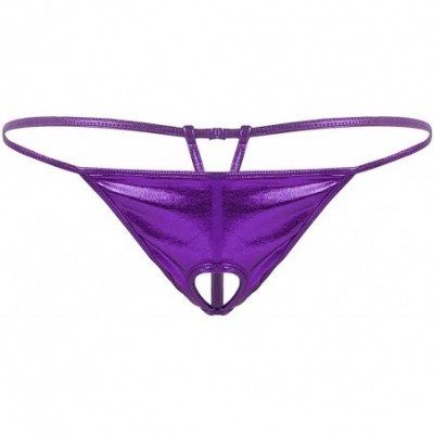 G-Strings & Thongs Men's Shiny Metallic Low Rise Hole Open Butt G-String Thong Bikini Briefs Underwear - Purple - CY198UIEUX7