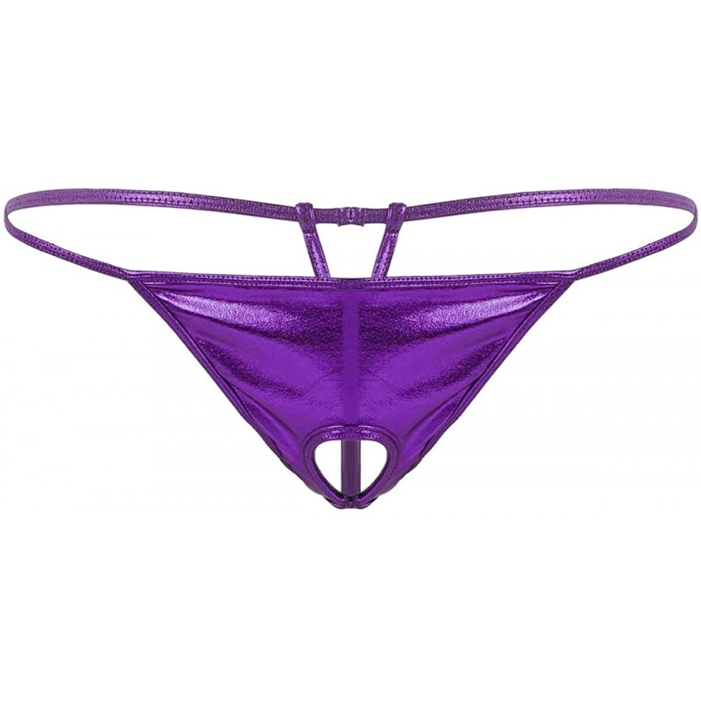 G-Strings & Thongs Men's Shiny Metallic Low Rise Hole Open Butt G-String Thong Bikini Briefs Underwear - Purple - CY198UIEUX7