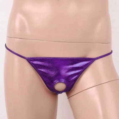 G-Strings & Thongs Men's Shiny Metallic Low Rise Hole Open Butt G-String Thong Bikini Briefs Underwear - Purple - CY198UIEUX7