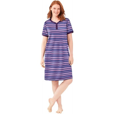 Nightgowns & Sleepshirts Women's Plus Size Short Henley Sleepshirt Nightgown - River Blue Stripe (0055) - CL19DSODONX