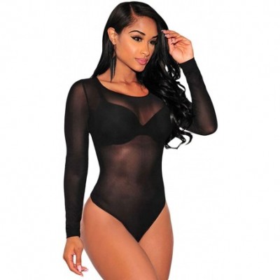 Shapewear Women Long Sleeves Mesh See Through Jumpsuit Bodysuit Top Leotard - 1 Black - CG12NZ943AE