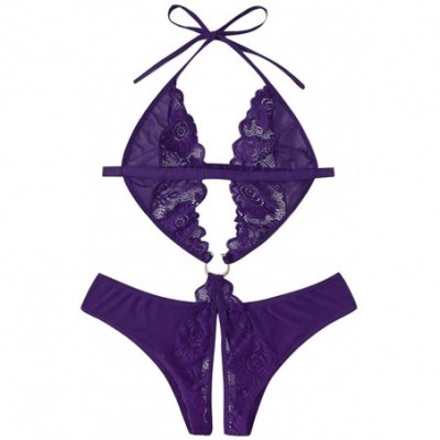 Bras Women Lace Deep V-Neck Sexy Sling Split Lingerie Bodysuit One-Piece Garment Underwear - Purple - CP1954RLYET