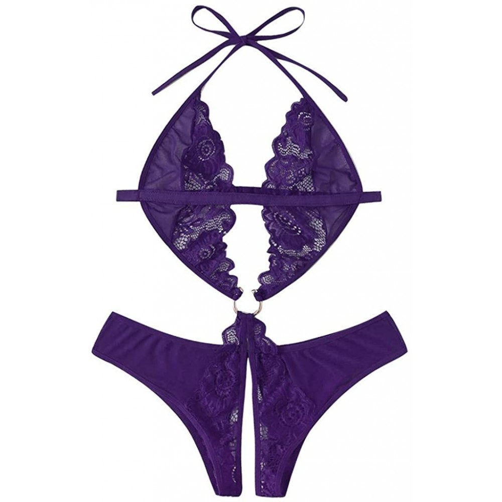 Bras Women Lace Deep V-Neck Sexy Sling Split Lingerie Bodysuit One-Piece Garment Underwear - Purple - CP1954RLYET