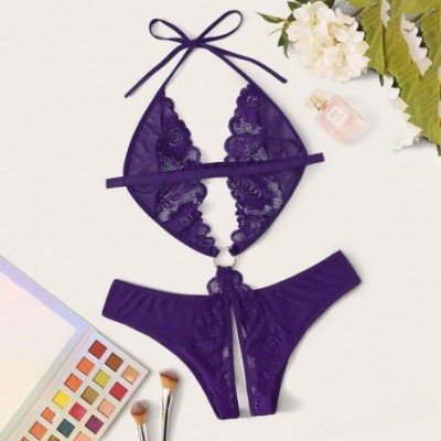 Bras Women Lace Deep V-Neck Sexy Sling Split Lingerie Bodysuit One-Piece Garment Underwear - Purple - CP1954RLYET