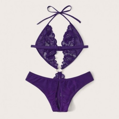 Bras Women Lace Deep V-Neck Sexy Sling Split Lingerie Bodysuit One-Piece Garment Underwear - Purple - CP1954RLYET