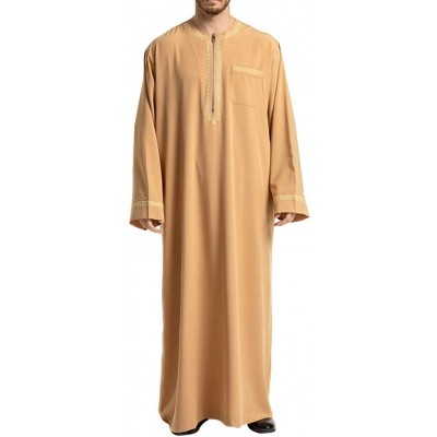 Robes Islamic Thobe Round Collar Embroidery Long Sleeve Middle Eastern Arab Muslim Wear Robe Clothes for Men Size M (Yellow) ...