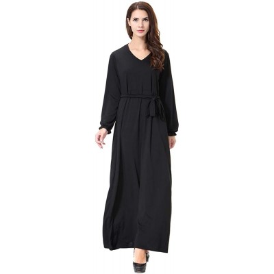 Robes Women's Muslim Arab Long Sleeves V Neck Abaya with Belt - Black - CX197QEE5GR