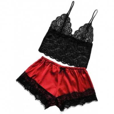 Sets Women's Sleepwear Sets- Sexy Lace Cami Top with Shorts 2 Piece Lounge Pajama Set - Red - CJ1954R77A5