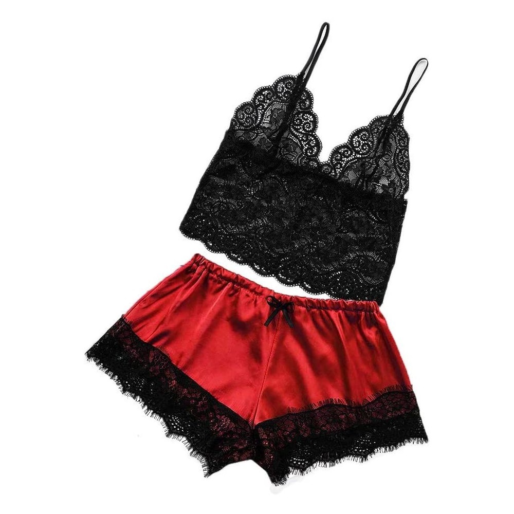 Sets Women's Sleepwear Sets- Sexy Lace Cami Top with Shorts 2 Piece Lounge Pajama Set - Red - CJ1954R77A5