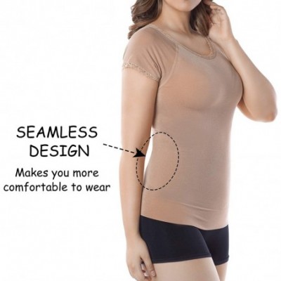 Shapewear Women Slimming Short Sleeve Shirts Seamless Lace Crew Neck Undershirts Base Layer Bamboo Tee Shirts Tops - Dark Nud...