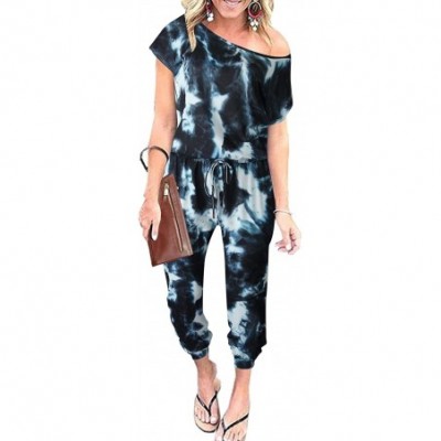 Sets Women's Loose Tie Dye Printed Off Shoulder Elastic Waist Stretchy Long Romper Jumpsuit Loungwear with Pockets - 1 Piece ...