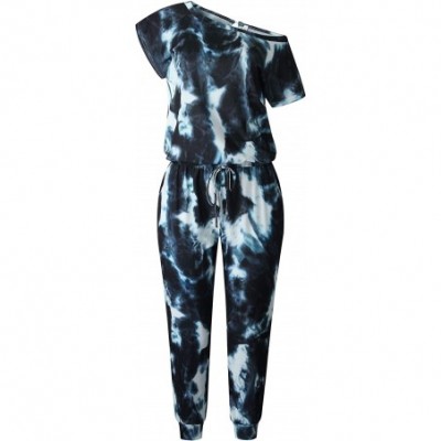 Sets Women's Loose Tie Dye Printed Off Shoulder Elastic Waist Stretchy Long Romper Jumpsuit Loungwear with Pockets - 1 Piece ...