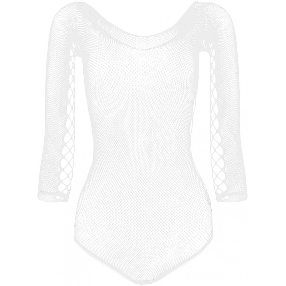 Baby Dolls & Chemises Women Fishnet Lingere BadyDolls Chemise Long Sleeve Stocking Dress Size US2-18 - White - C618X8IOHA5