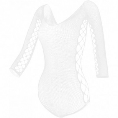 Baby Dolls & Chemises Women Fishnet Lingere BadyDolls Chemise Long Sleeve Stocking Dress Size US2-18 - White - C618X8IOHA5