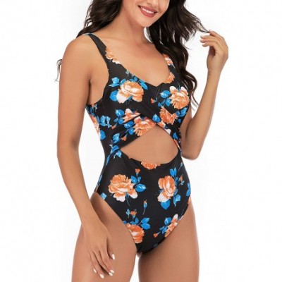 Panties Women's High Waist Halter Cutout One Piece Swimsuit - Black Floral - C31947XQWE8