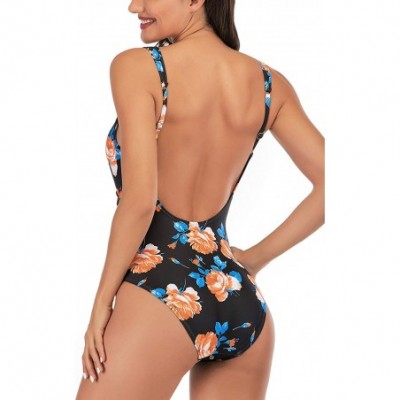 Panties Women's High Waist Halter Cutout One Piece Swimsuit - Black Floral - C31947XQWE8