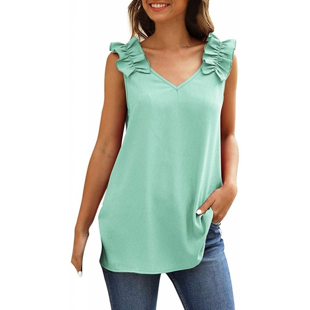 Thermal Underwear Womens Summer Tunic Tanks Top V Neck Sleeveless Pleated Wrinkled Shoulder Casual Vest - Green - CO1977YL476