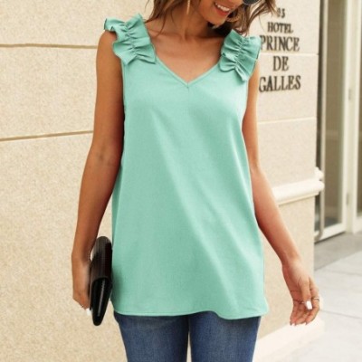 Thermal Underwear Womens Summer Tunic Tanks Top V Neck Sleeveless Pleated Wrinkled Shoulder Casual Vest - Green - CO1977YL476