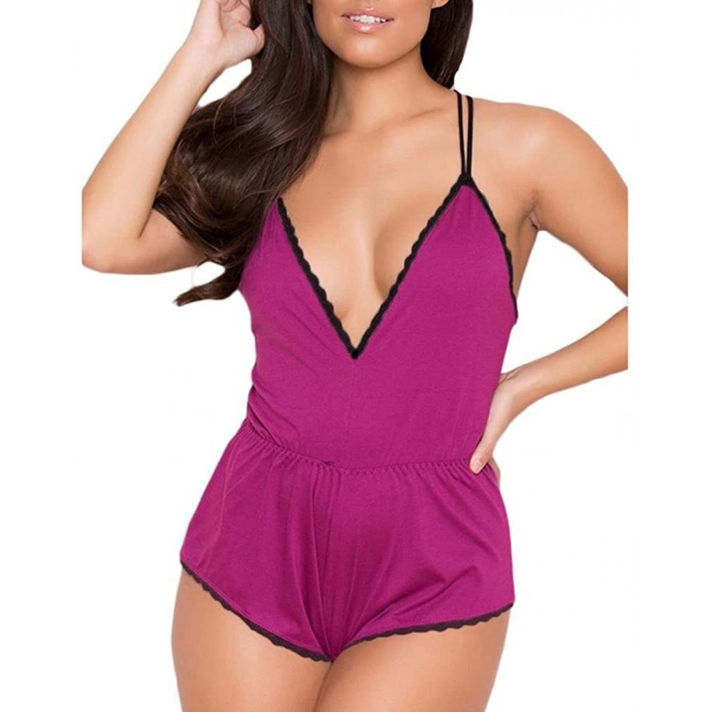 Sets Fashion Women Sexy Babydoll Soft Romper V Neck Lingerie Nightwear Shorts Sleepwear - Hot Pink - CJ18G2UEIC3