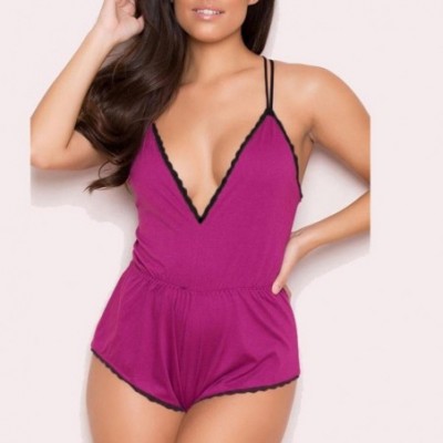 Sets Fashion Women Sexy Babydoll Soft Romper V Neck Lingerie Nightwear Shorts Sleepwear - Hot Pink - CJ18G2UEIC3