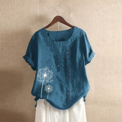 Slips Womens Plus Size Linen Tops Casual Loose Button Print Boho Shirt Short Sleeve O-Neck Blouse - Blue - C41966RSZCN