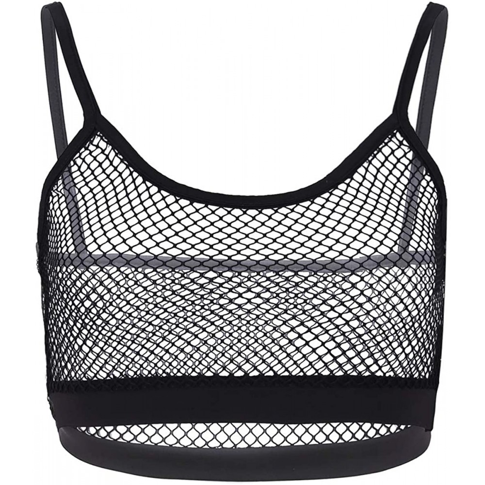 Camisoles & Tanks Sexy Women's Fishnet See Through Camisole Crop Top Strappy Bralette Tank Top Vest - Black - CR18K5YEL6Y