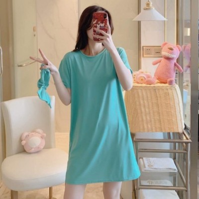 Robes Women's Women Fashion Casual Solid Short Sleeves Top Pajamas Sleepwear Mini Dress - Green - CB19849R0GX