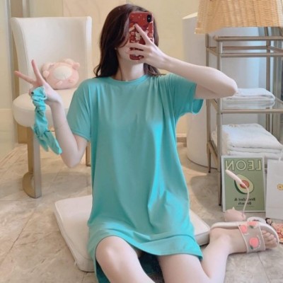 Robes Women's Women Fashion Casual Solid Short Sleeves Top Pajamas Sleepwear Mini Dress - Green - CB19849R0GX