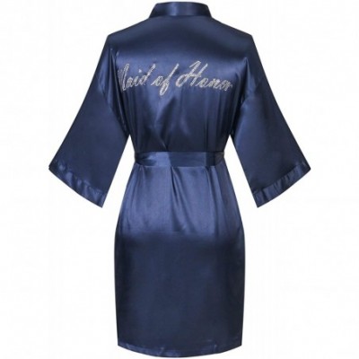 Robes Satin Wedding Robes with Clear Rhinestones-Bride&Bridesmaid Edition Short Kimono - Maid of Honor Navy - CN184RNYZWG