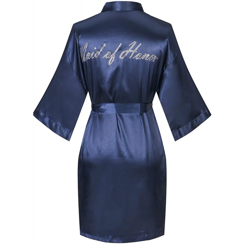 Robes Satin Wedding Robes with Clear Rhinestones-Bride&Bridesmaid Edition Short Kimono - Maid of Honor Navy - CN184RNYZWG