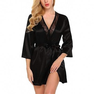 Robes Fashion Women's Autumn Casual Solid Nine-Minute Sleeve Lace Splicing Sleepwear - Black - CB1993XXMX7