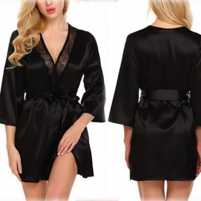 Robes Fashion Women's Autumn Casual Solid Nine-Minute Sleeve Lace Splicing Sleepwear - Black - CB1993XXMX7