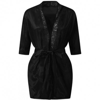 Robes Fashion Women's Autumn Casual Solid Nine-Minute Sleeve Lace Splicing Sleepwear - Black - CB1993XXMX7