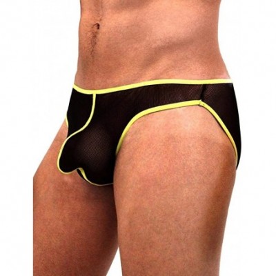 Briefs Net Men's Brief Underwear- Rave Mesh Bikini Brand - Black With Yellow Trim - CU11HGAQAG5